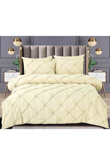 Pucioasa Double bed linen, Sulphur, Plain, Embroidered Pleats Pattern, 6 pieces, Finet, 230x250cm, Beige