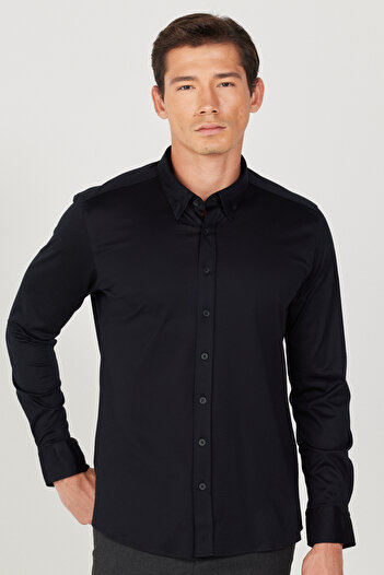 AC&Co / Altınyıldız Classics Men's Black Slim Fit Narrow Cut Hidden Button Collar 100% Cotton Shirt