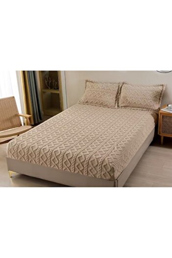 OEM Cocolino bedspread set and 2 pillowcases, knitted, plain, 3 pieces, 180x200cm, cream