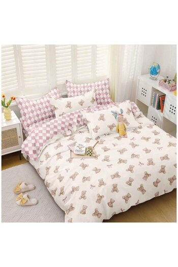 OEM Double bed linen set, satin cotton, 4 pieces, 2 persons, 240x250cm, teddy bears, white-beige