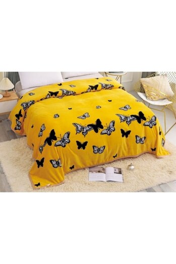 JOJO HOME Cocolino blanket with border and fur, for double bed, Jojo Home, Black Butterflies print, 2 person