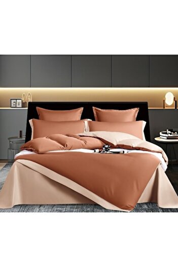 OEM Bed Linen Set, Bicolor, Silk Imitation, 2 persons, 6 pieces, 230x245cm, Brown-Beige