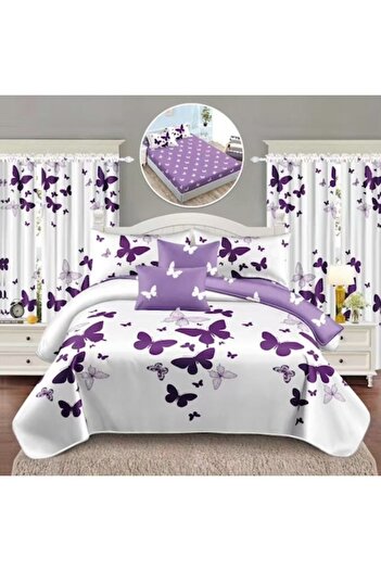 OEM 8-piece bedding set, fitted sheet, 2 people, elegant fine, butterflies, white-purple