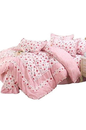 OEM Luxury Bedding Set with Ruffles, 4 Pieces, Floral Print, Pink, 230x250cm