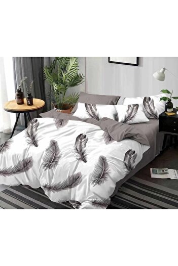 OEM Double Bed Linen Set, Feather Print, 6 Pieces, 2 People, 245x250cm, Finet, Grey-White
