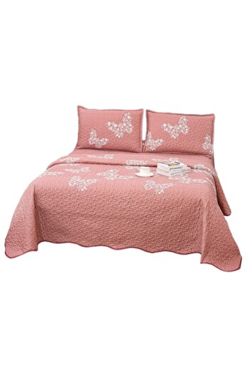 OEM Bedspread, Microfiber, 3 pieces, 2 persons, 220x240cm, Butterfly Print, Coral-White