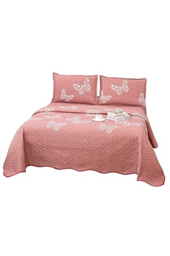 OEM Bedspread, Microfiber, 3 pieces, 2 persons, 220x240cm, Butterfly Print, Coral-White