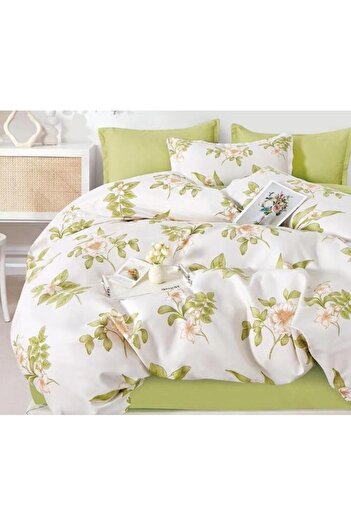 OEM Double bed linen, floral, reversible sheet, 6 pieces, 230x245cm, Finet, olive-white