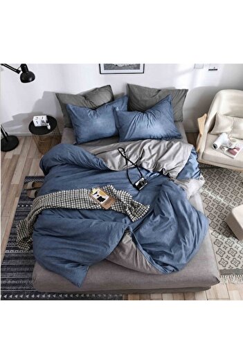 OEM Reversible bed linen set, fitted sheet, Finet, single, 4 pieces, 140x200cm, navy blue-gray