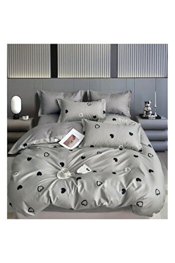 OEM Double Bed Linen Set, 6 Pieces, Finet, Heart Pattern, 2 People, 240x250cm, Gray-Black