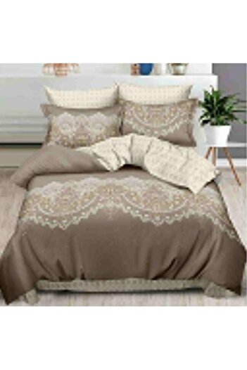 OEM Double bed linen with elastic, 6 pieces, 240x250cm, superior finish, lace, beige shade