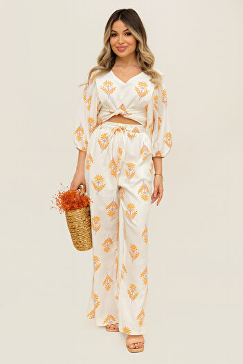 My Blog Orange - Purple Embroidery Print Detailed Linen Suit - 8013