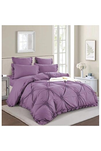 OEM Double Bed Linen, Uni, Embroidered Heart Pattern, 6 Pieces, Finet, 180X200cm, Purple
