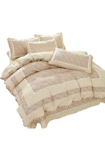 OEM Luxury Bedding Set, Flounce Border, Finet, 4 Pieces, Floral Print, Beige Shades