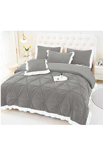 OEM Double bed linen set, Plain, with embroidered hearts, 6 pieces, Finet, 230x250cm Dark grey