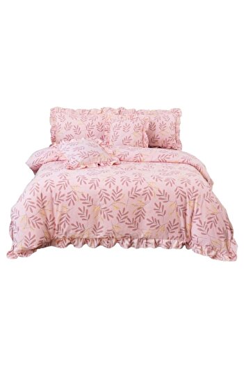 OEM Luxurious bed linen, cotton, with ruffles, 6 pieces, 2 persons, 180x200cm, leaves, pink