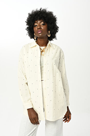Orfeo Negro Women's Patched Stone Embroidered Ecru Color Oversize Shirt