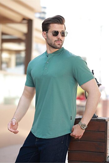 Madmext Green Judge Collar Button Detailed Short Sleeve T-Shirt 7021