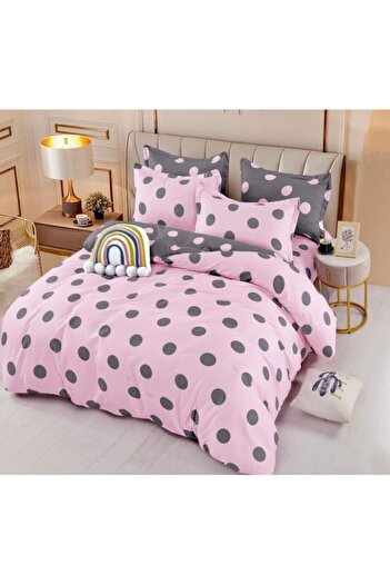 JOJO HOME Bed linen, polka dots, 6 pieces, 2 persons, 245x250cm, Superior fineness, Pink-Grey