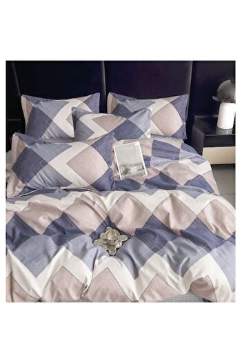 OEM Double Bed Linen Set, 6 Pieces, 240x250cm, Cotton Satin, Geometric Pattern, Beige-Blue
