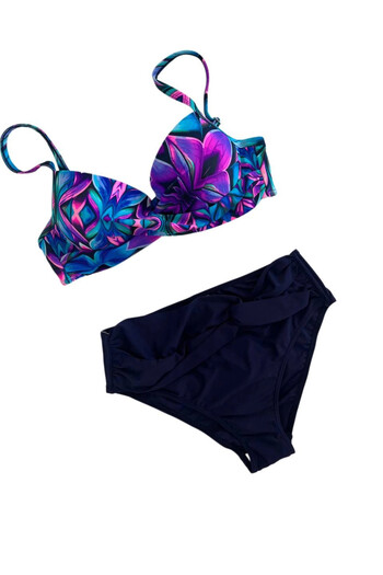 hazelin Women's Navy Blue Fuchsia Floral Patterned Lined Plus Size Bikini Set Hzl25S-Lc24108
