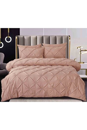 Pucioasa Double Bed Linen Set, Pucioasa, Uni, Embroidered Pleats Model, 6 Pieces, Finet, 230x250cm, Brown