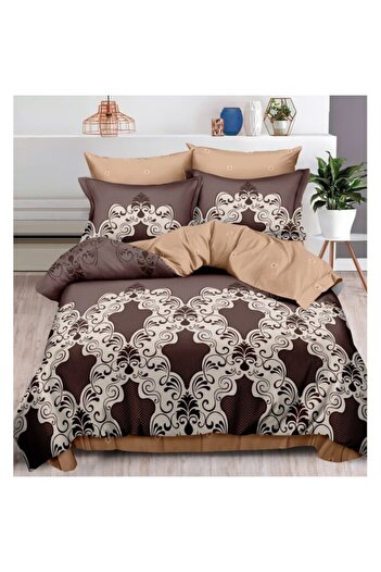 OEM Double bed linen, 6 pieces, 2 persons, 180x200cm, Finet Satinat, Abstract Print, Beige-Nuante