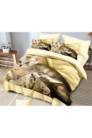 OEM Double Bed Linen, Velvet, 6 Pieces, Cat Print, 230x250cm, Beige Shades