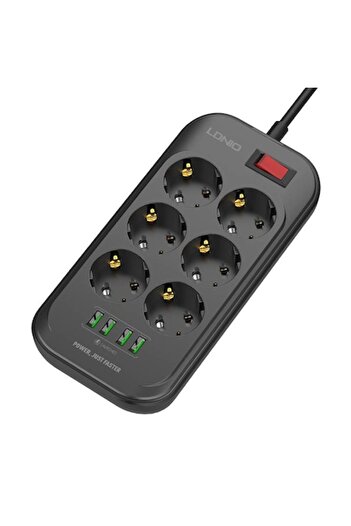 LDNIO Extension cord with 6 sockets, Ldnio, 4 x USB, Cable 2m, Black