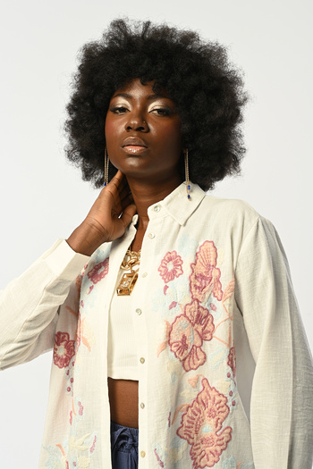 Orfeo Negro Women's Ecru Color Oversize Shirt with Flower Embroidery on the Front
