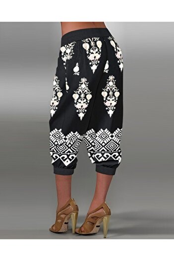 buğrahayalin Women's Elastic Waist Ethnic Patterned Capri Single Jersey Trousers