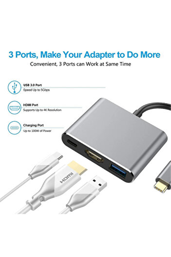 OEM Hub USB-C 3 in 1 (USB 3.0, USB-C, HDMI), Grey