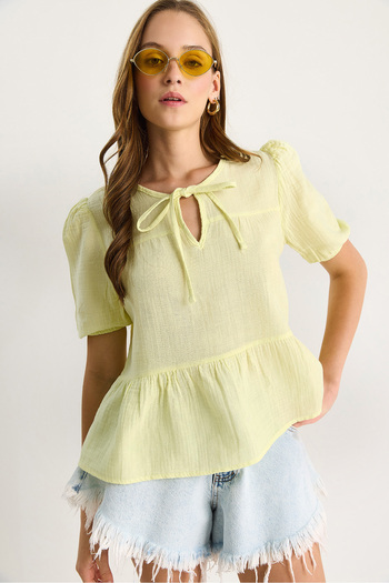 Bianco Lucci Women's Collar Tie-Up Muslin Blouse with Elastic Sleeves 4715 60283498