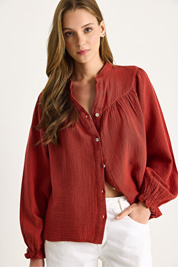 Bianco Lucci Women's Comfortable Muslin Shirt with Elastic Sleeves and Buttons 4733 60283499