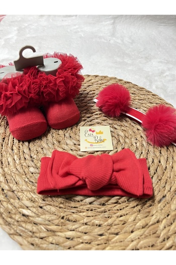 ESES BEBE Kokoş Socks Ribbed Bandana and Pom-Pom Bandana Set