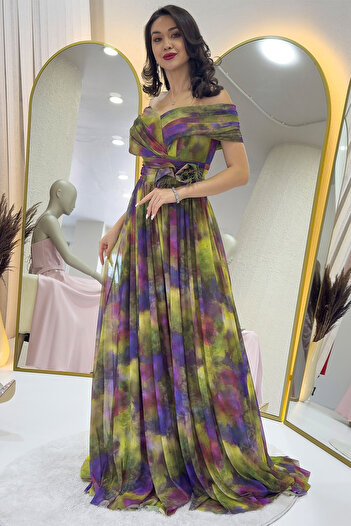 zks grup tekstil Women's Tie-Dye Patterned Madonna Collar Patterned Tulle Evening Dress Purple, Plum, Saks Blue, Green