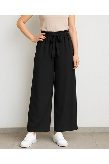 VOICTEC High Waist Elastic Drum Fabric Wide Leg Pants with Belt
