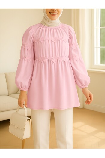 Modamorfo Poplin Tunic with Daisy Detail and Elastic Sleeves - Powder