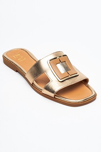 LuviShoes MİLLİE Altın Hakiki Deri Tokalı Kadın Terlik