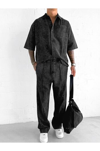 ablukaonline Men's Baggy Fit Washed Elastic Waist Trousers Black