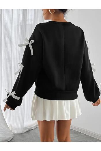 caddekombin Kadın Beyaz Kurdele Ve Fiyonk Kollu Bisiklet Yaka Siyah Sweatshirt