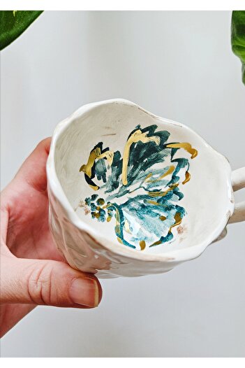 WEBBMODA Handmade Green Flower Gilded Coffee Cup