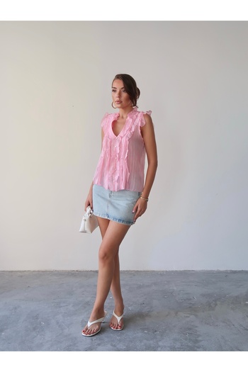 Lusin Women's Pink Luxury Quality Ruffled Sleeveless Transparent Shirt