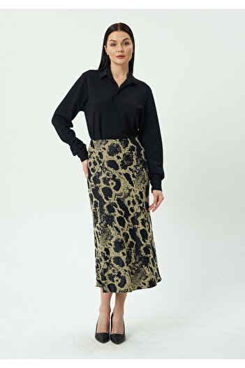 Guzella Premium Midi (85cm) Length Satin Jacquard Snakeskin Patterned Elasticated Skirt
