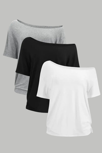 Tarz Cool White Black Gray 3-Pack Women's Off Shoulder Boat Neck Oversize T-Shirt