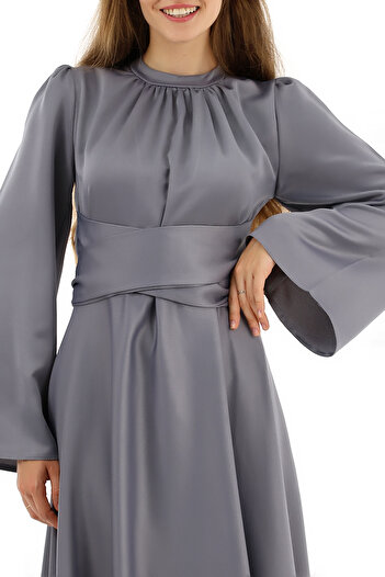PERADO Spanish Sleeve Waist Wrapped Satin Hijab Evening Dress