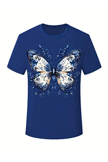 l'eivor Tricou de damă din bumbac cu imprimeu albastru Saks cu design detaliat fluture