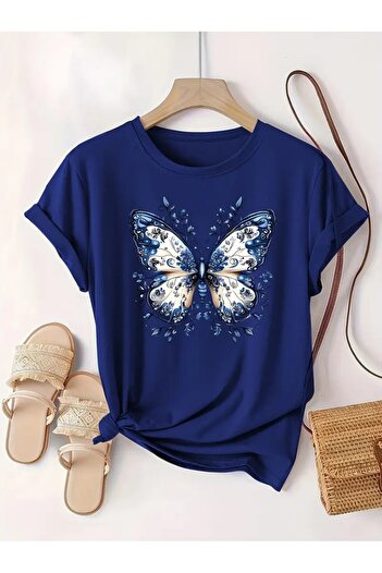 l'eivor Tricou de damă din bumbac cu imprimeu albastru Saks cu design detaliat fluture