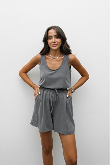 Havoş Gray Strap Blouse Shorts Modal Set