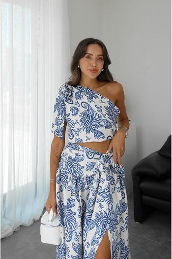 Havoş Blue Paisley Patterned Satin Suit